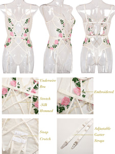 Kaei&Shi Embroidered Lingerie for Women,Thong Bodysuit,Underwire Teddy with Garter Straps