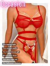 Load image into Gallery viewer, Kaei&amp;Shi Glossy Silver Chains, Strappy Cutout, 3 Piece Fishnet Garter Set
