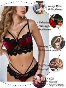 Kaei&Shi Matching Bra and Panty Sets,Velvet Sexy Two Piece Lingerie Set