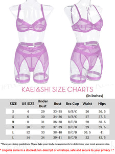 Kaei&Shi Fishnet Mesh Sheer,Underwire,G-String,Thigh Straps,4 Piece Garter Lingerie