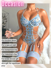 Load image into Gallery viewer, Kaei&amp;Shi Sheer Mesh Applique, Strappy Chains, 2PC Halter Bodysuit Lingerie
