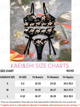 Load image into Gallery viewer, Kaei&amp;Shi Embroidered Applique Lace Lingerie,Underwire Mesh Sheer Honeymoon Matching 3 Piece Lingerie Set
