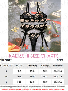 Kaei&Shi Embroidered Applique Lace Lingerie,Underwire Mesh Sheer Honeymoon Matching 3 Piece Lingerie Set