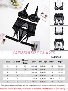 Kaei&Shi Fishnet Mesh Sheer,Underwire,G-String,Thigh Straps,4 Piece Garter Lingerie