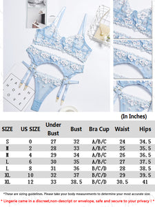 Kaei&Shi Embroidered Applique Lace Lingerie,Underwire Mesh Sheer Honeymoon Matching 3 Piece Lingerie Set