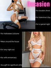 Load image into Gallery viewer, Kaei&amp;Shi 4 Piece,Strappy Triangle Bralette,Thong,Thigh Bands,Garter Lingerie Set
