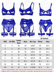 Kaei&Shi Mesh Patchwork,Underwire Peekaboo,Garter Belt,Thong,Thigh Straps,4 Piece Lingerie