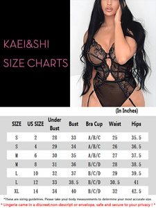 Kaei&Shi Floral Embroidered Mesh,Underwire,Removable Garter,Thigh Straps,Backless Bodysuit