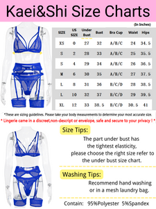 Kaei&Shi 4 Piece,Strappy Triangle Bralette,Thong,Thigh Bands,Garter Lingerie Set